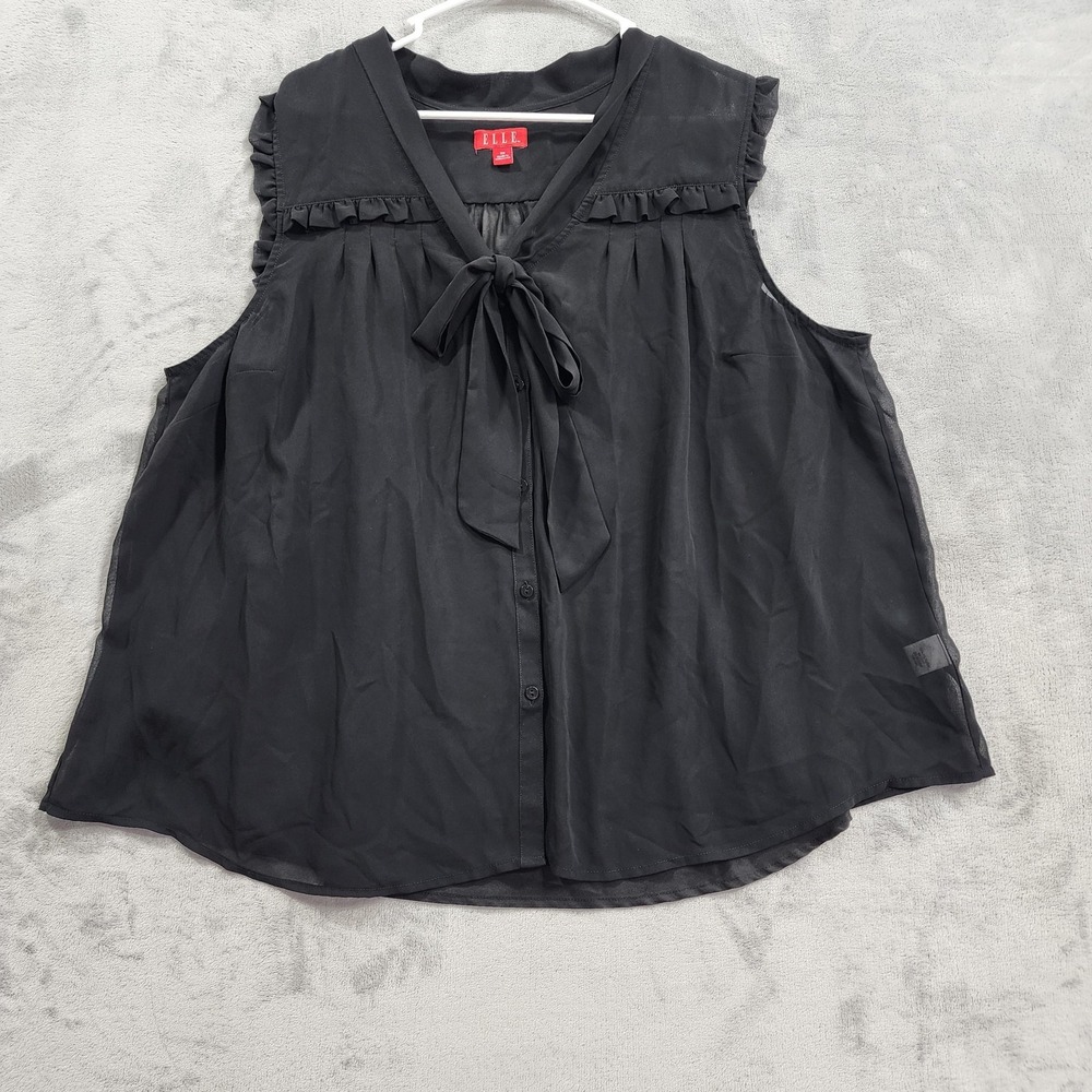 ELLE Top Womens 2X Black Sheer Button Front Ruffle Tie Neck Sleeveless Office